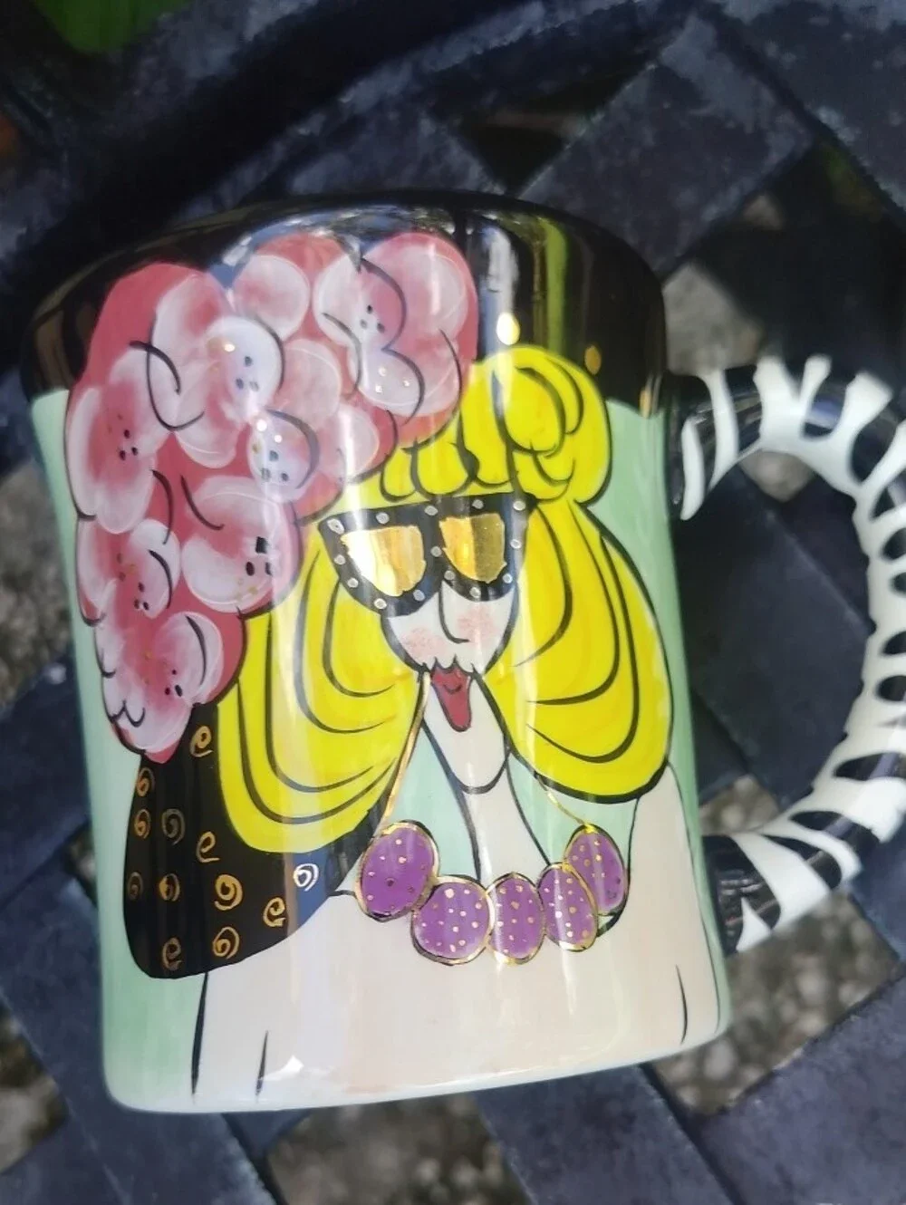 Lynda Cornell Vintage New Hand-Painted Yellow & Pink Fashion Ceramic Mug